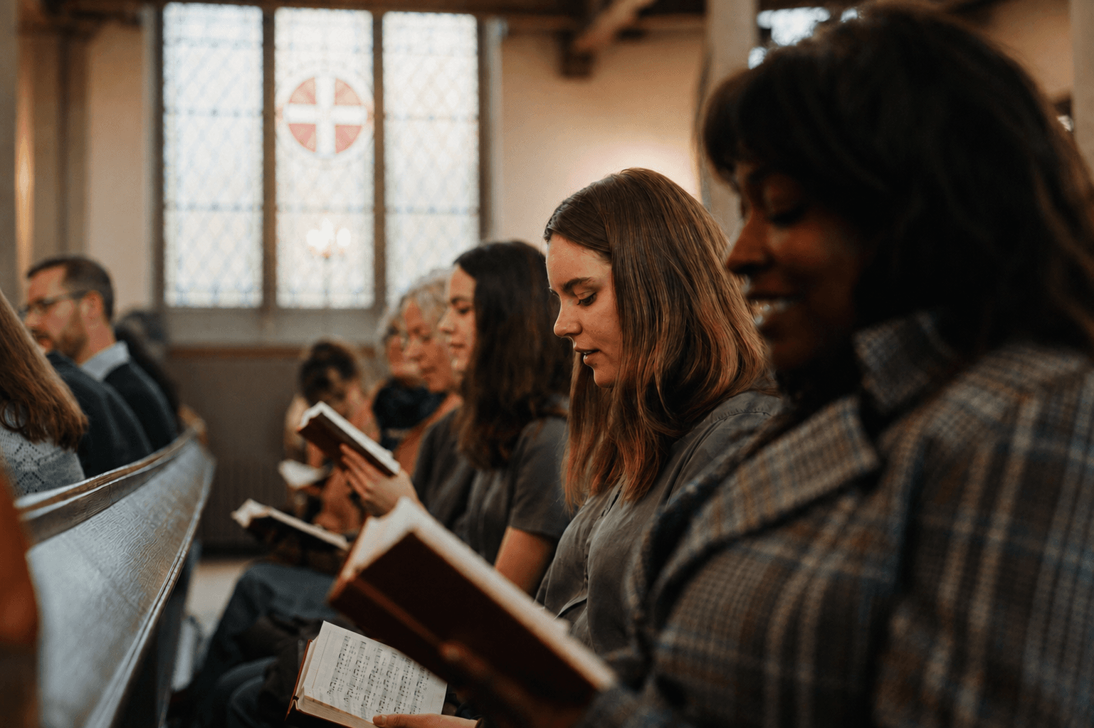 Members of the congregation singing together from hymn books during a Sunday service